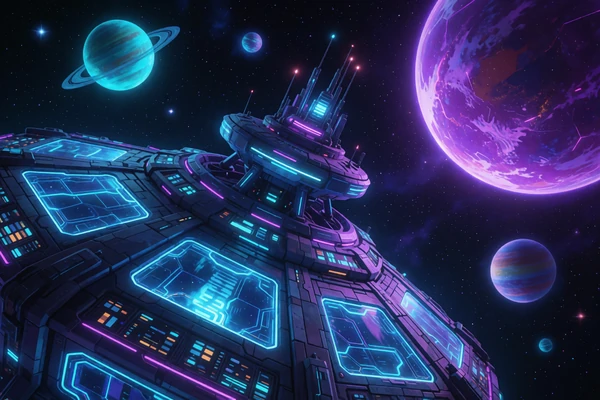 Weltraumstation Slot-Spiel mit leuchtenden Planeten in der Roby Casino Spielebibliothek