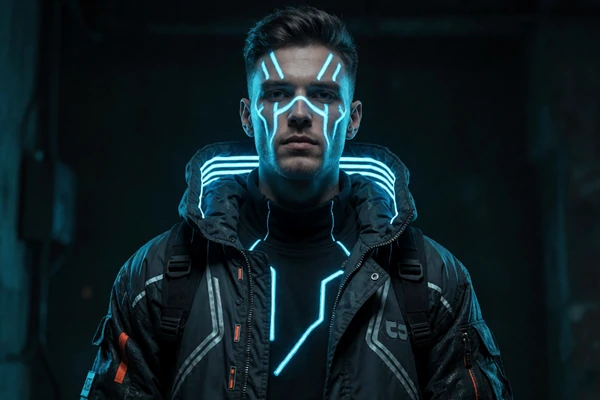M&auml;nnliches Modell in Cyberpunk-Techwear mit blauem Neon-Gesichtsmake-up f&uuml;r das Roby Casino VIP-Programm