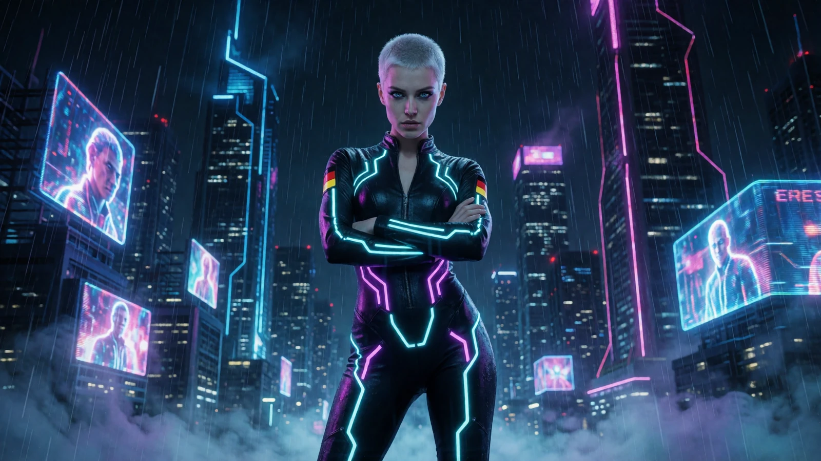 Futuristisches Modell in Neon-Outfit vor Cyberpunk-Stadtlandschaft beim Roby Casino