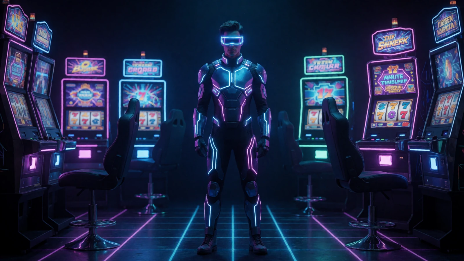 M&auml;nnliches Modell in futuristischem Gaming-Anzug mit Neon-Visor in dunkler Sci-Fi-Arcade bei Roby Casino