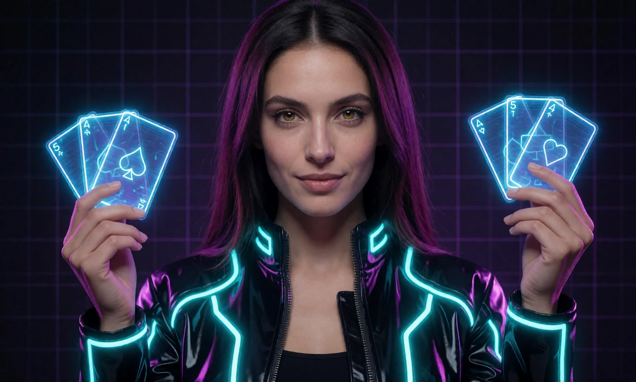 Futuristisches Modell mit leuchtenden Neonspielkarten im Studio f&uuml;r den Roby Casino Willkommensbonus