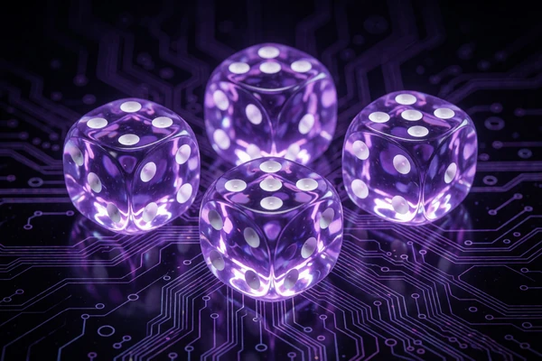 Leuchtende violette Neon-W&uuml;rfel auf dunklem Obsidian f&uuml;r die zweite Willkommensbonus-Einzahlung bei Roby Casino