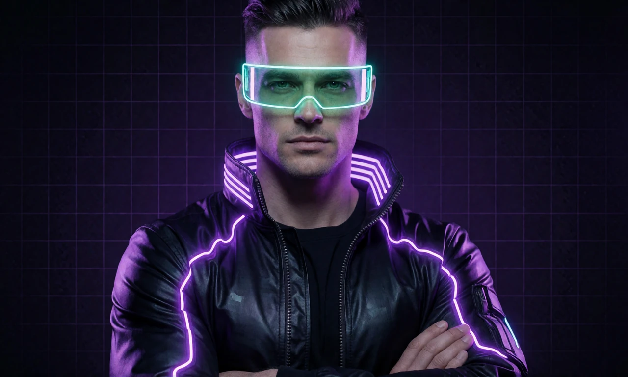 M&auml;nnliches Modell in Cyberpunk-Jacke mit Neon-Visor f&uuml;r das Roby Casino VIP-Programm