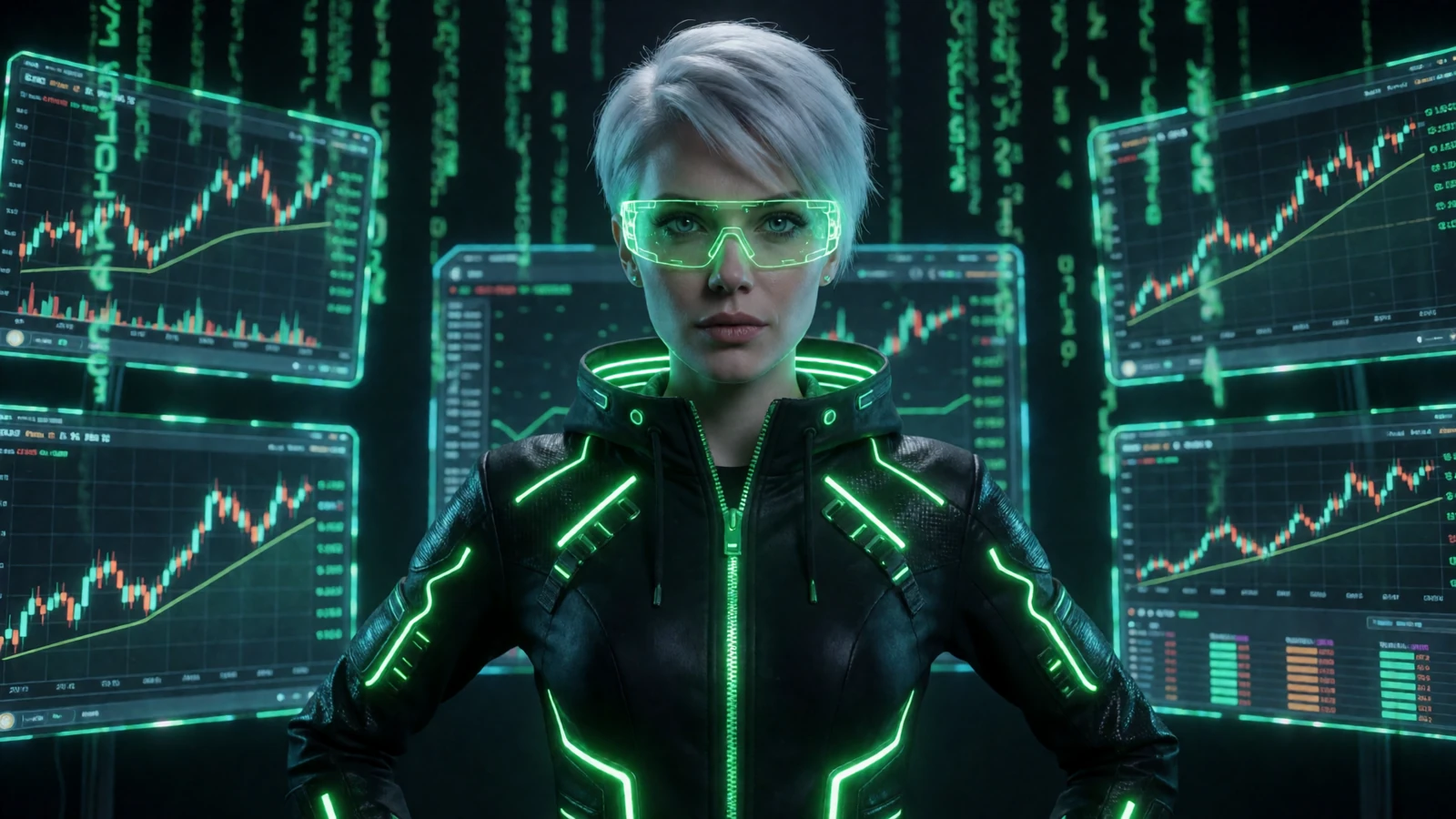 Futuristisches Hacker-Modell mit Neon-Brille vor Krypto-Bildschirmen beim Roby Casino Krypto-Casino
