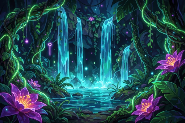 Neon-Dschungel Slot-Spiel mit leuchtenden Wasserf&auml;llen in der Roby Casino Spielebibliothek