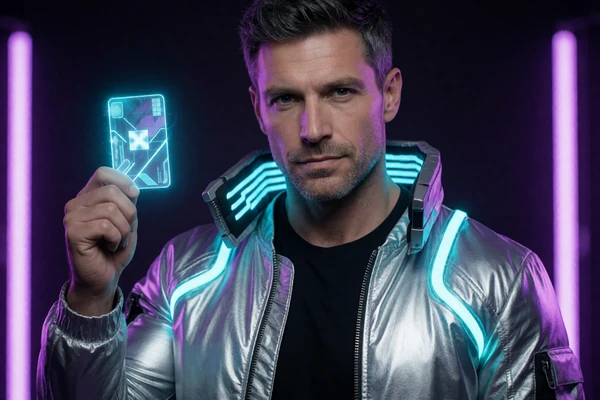 M&auml;nnliches Modell in silberner Cyberpunk-Jacke mit holografischer Karte f&uuml;r VIP-Auszahlungslimits bei Roby Casino